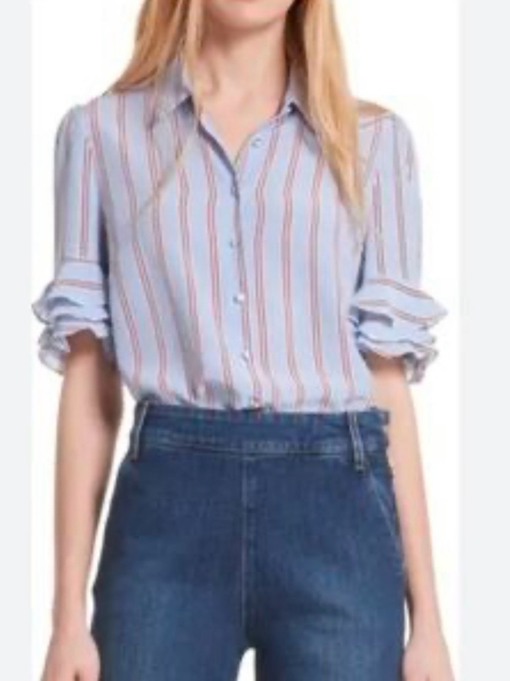 Frame Denim Striped Button Down Ruffled Sleeve Shirt Silk Size Medium